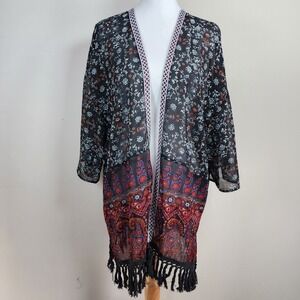 Warehouse One Floral Paisley Kimono Womens 1X Tassel Fringe Open Front Boho